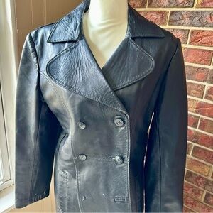 Vintage Black Double-Breasted Leather Jacket Medium Length Classic Stylish Vibe